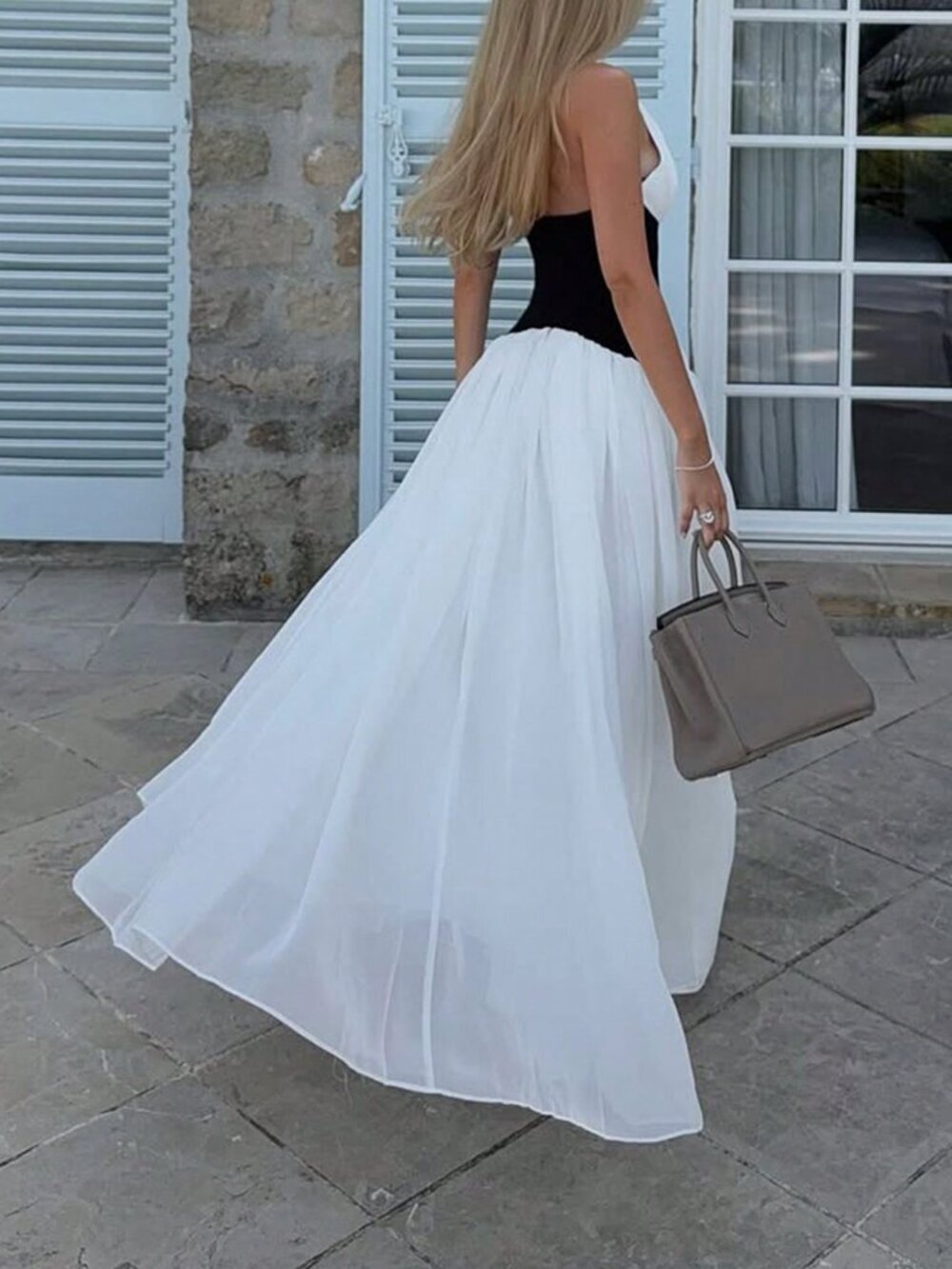 White Casual Women's Color Block A-Line Backless Halter Neck Dress - Picture 5 of 5